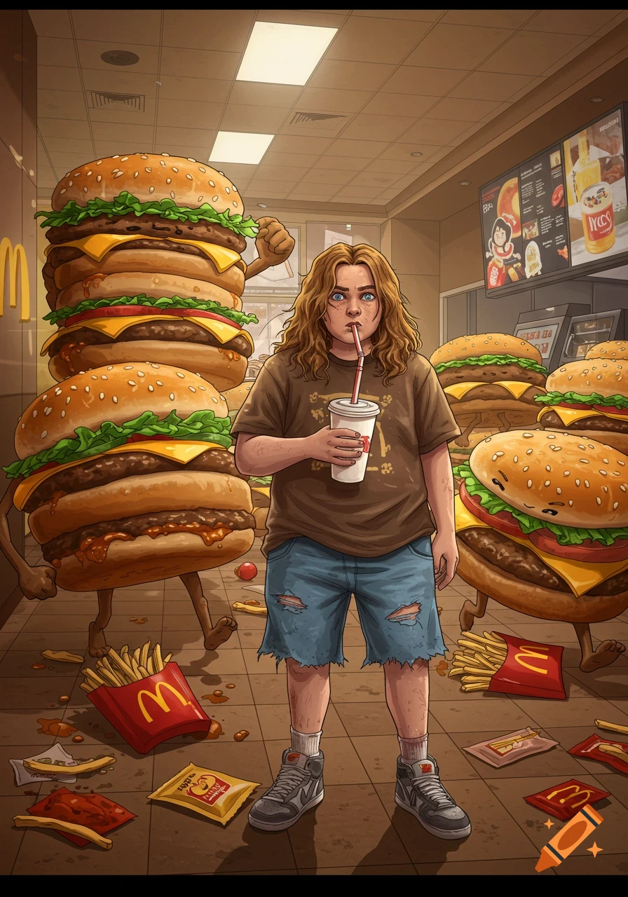 A cartoon illustration of a teenager drinking soda in a McDonald's, surrounded by giant, anthropomorphic hamburgers and scattered fries.