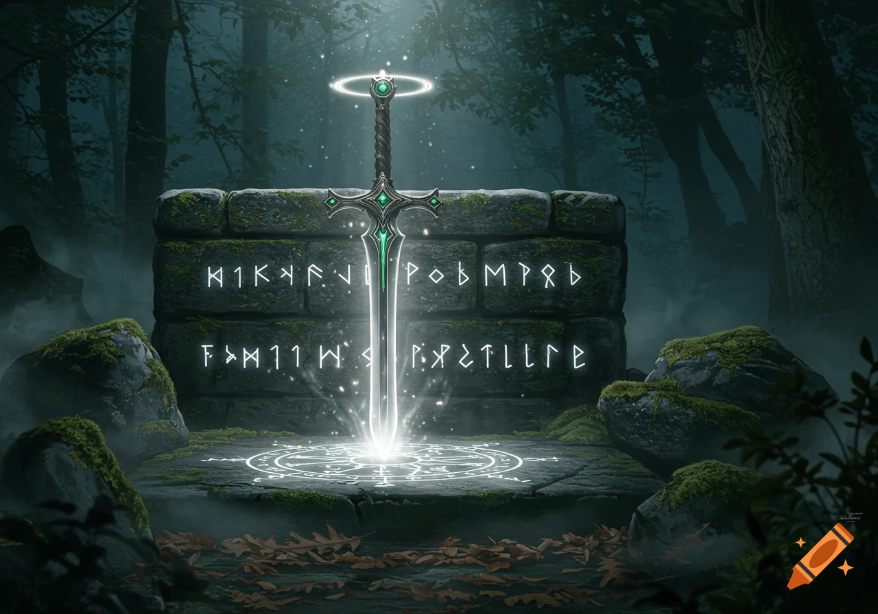 A glowing magical sword stands upright in an ancient mossy stone altar in a mystical, dark forest, surrounded by floating particles and runes.