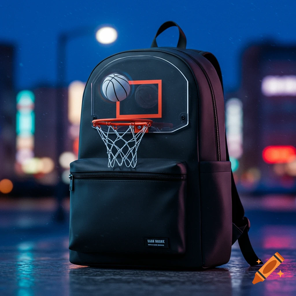 A stylish black backpack with a mini basketball hoop attached, featuring a small basketball, set against a blurry city night background with reflections.