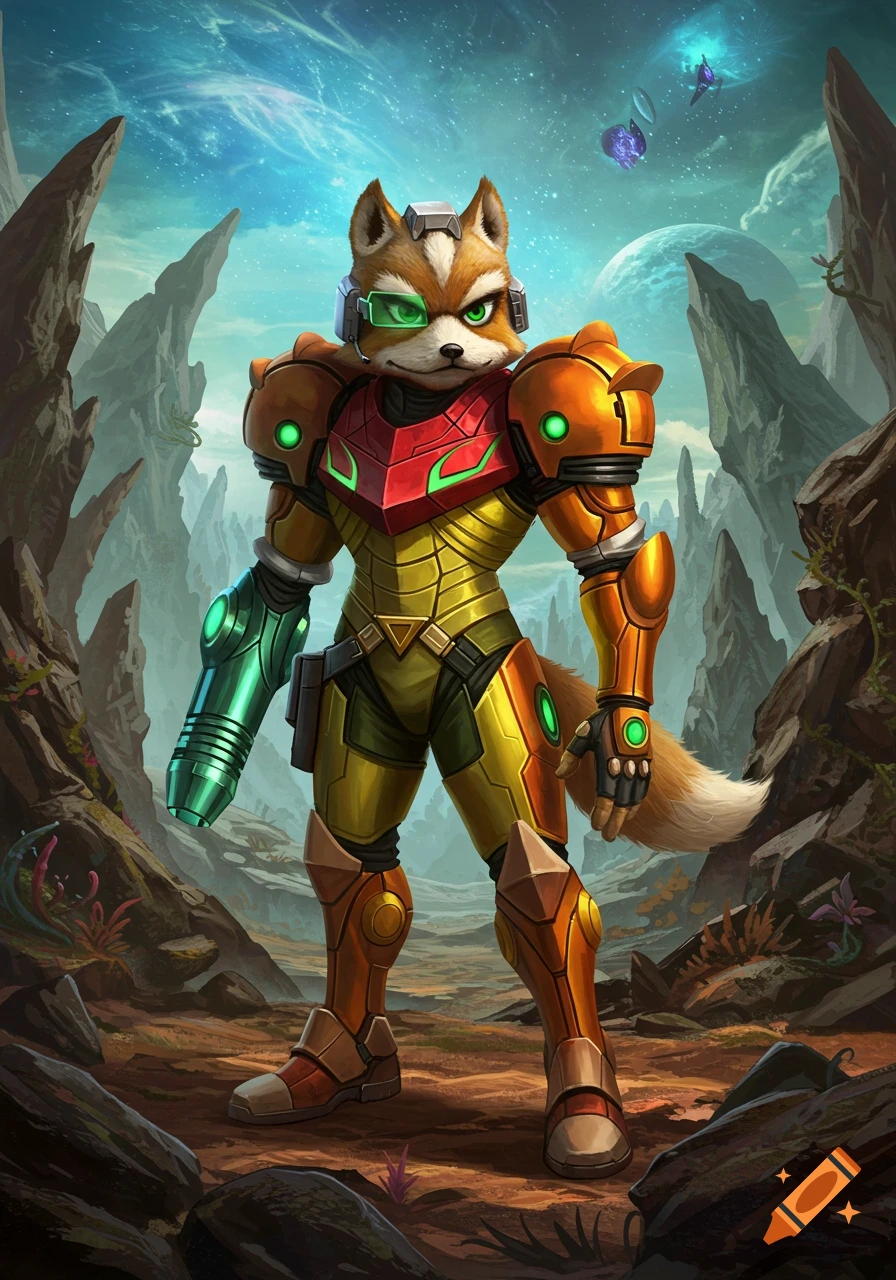 Fox McCloud wearing Samus's Varia Suit stands on an alien planet with rocky spires and a nebula-filled sky in a detailed illustration.