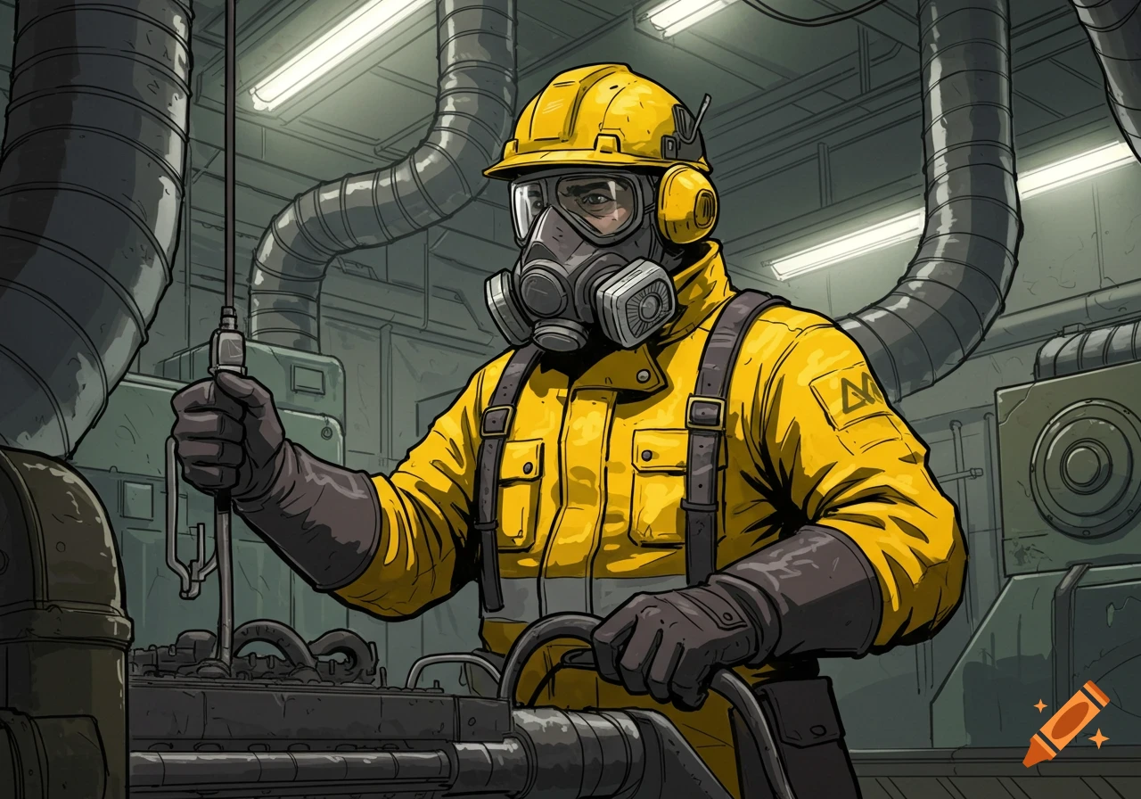 An illustration of a worker in a yellow protective suit, hard hat, and gas mask operating machinery in an industrial setting.