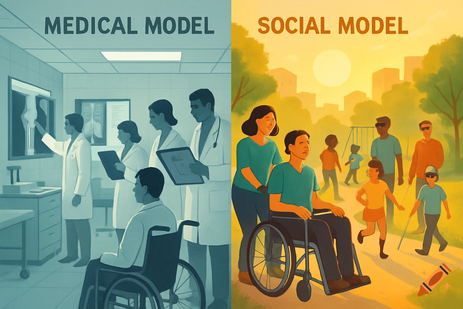 An illustration comparing medical and social models of disability. Left, doctors examine a patient in a clinical setting. Right, diverse people with disabilities enjoy a sunny park.