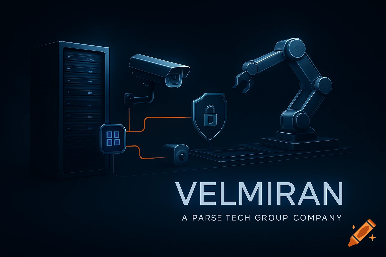 Futuristic industrial illustration of network and security infrastructure: server rack, cameras, robotic arm, security shield, with 'VELMIRAN' branding.