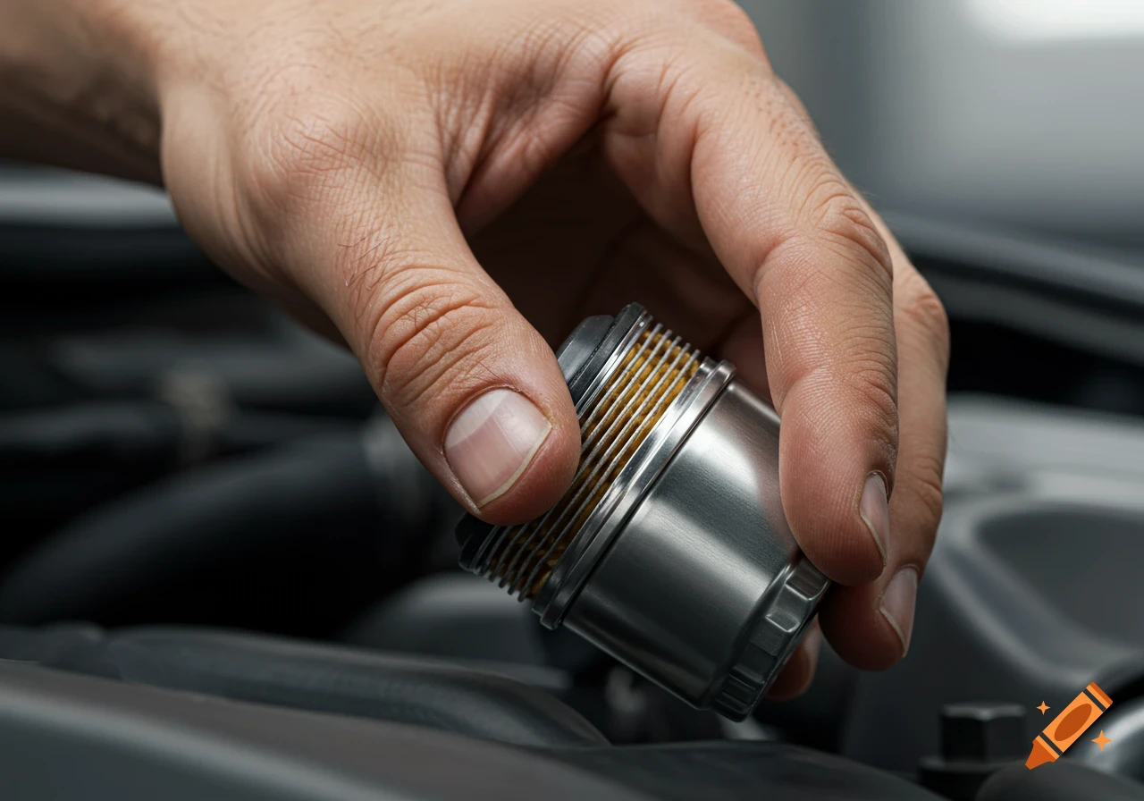 Close-up of a hand screwing on a car oil filter, showing the 'finger tight' concept.