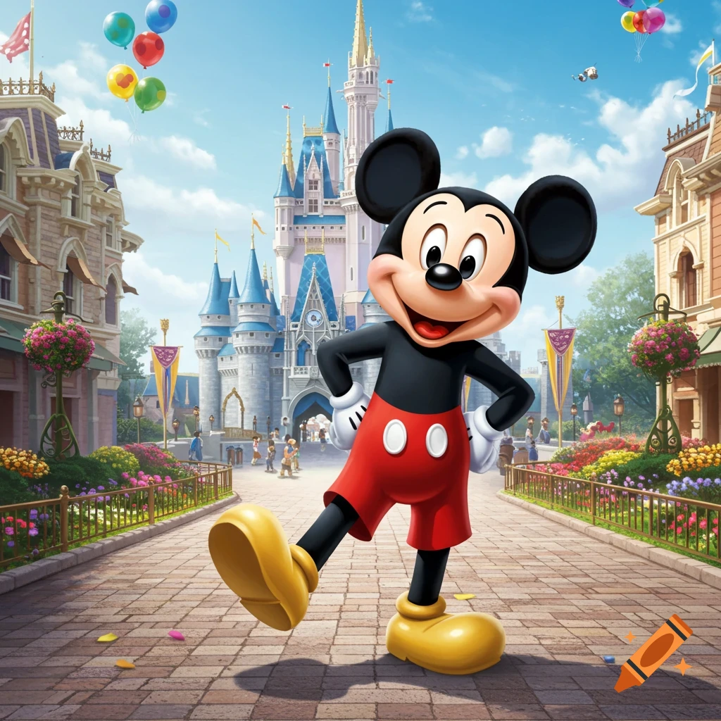 Mickey Mouse stands happily on a cobbled street in front of a blue and white castle, surrounded by flowers and balloons.