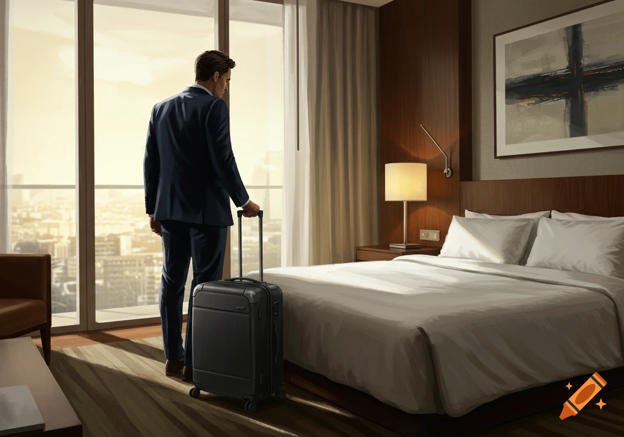 Man in a suit standing by a large window in a hotel room, holding a suitcase, looking out at a city view.