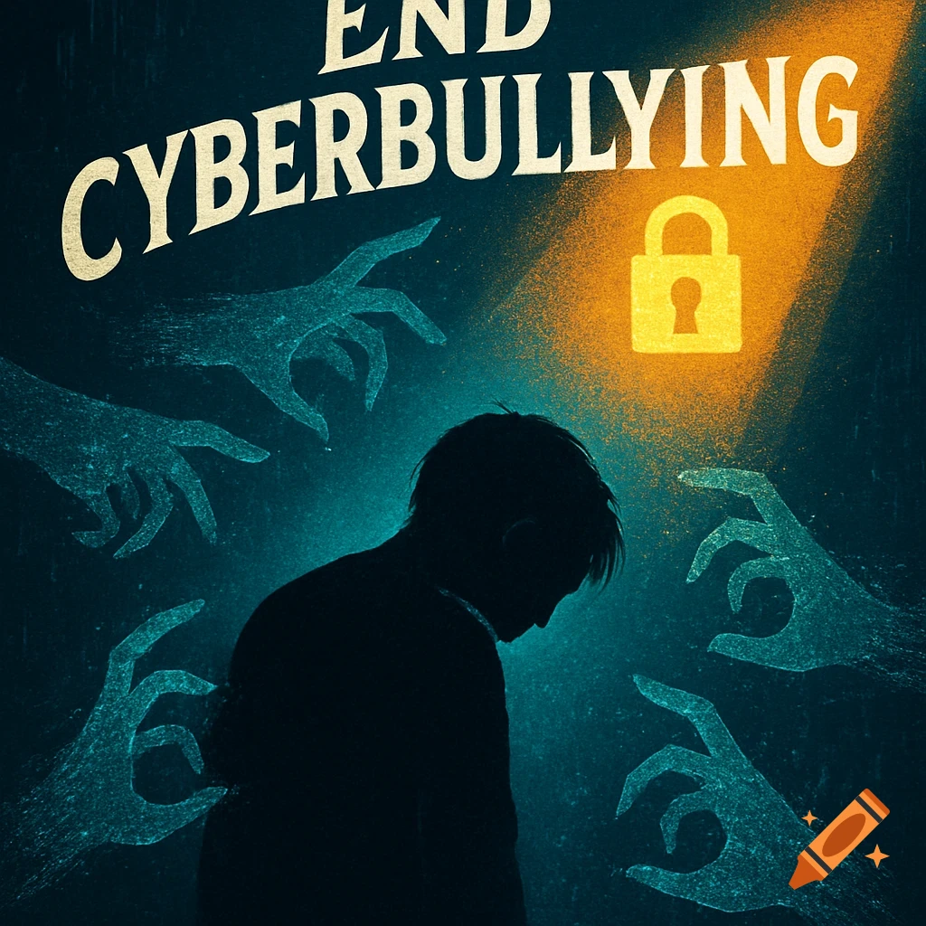 Illustration of a person's silhouette surrounded by shadowy hands, with 'END CYBERBULLYING' text and a glowing padlock.