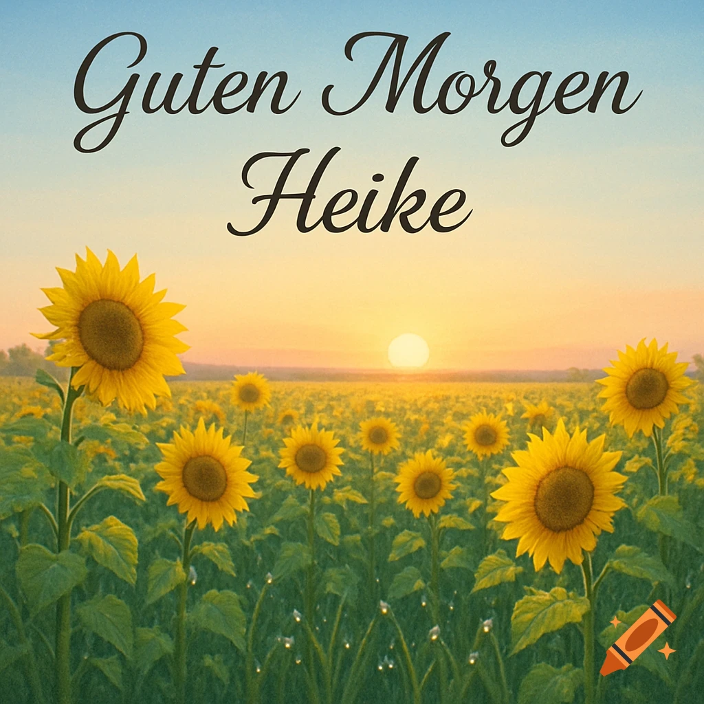 A vibrant field of sunflowers at sunrise with the German text 'Guten Morgen Heike' written in the sky.