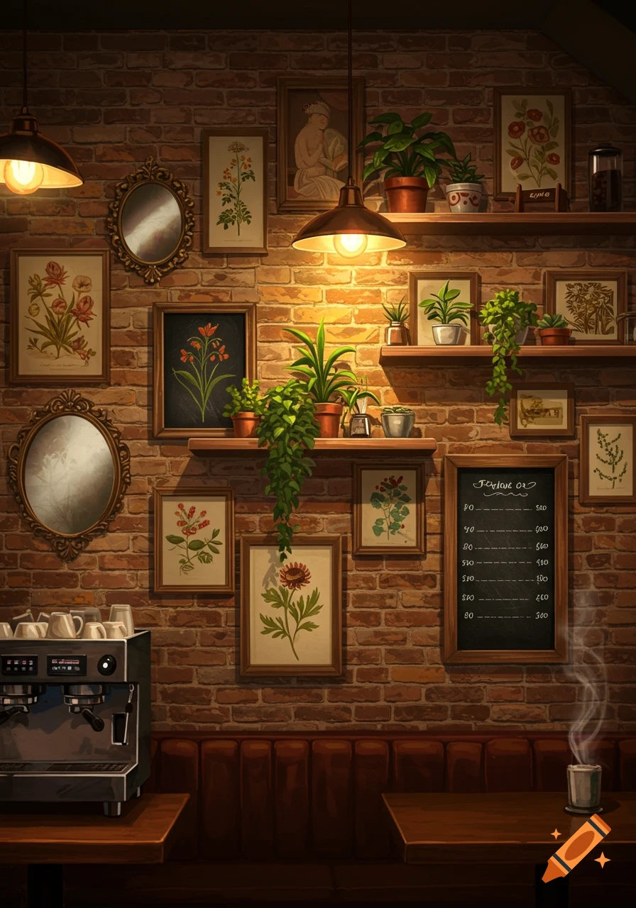Cozy cafe interior with a brick wall, warm lighting, framed botanical art, mirrors, potted plants, a coffee machine, and tables.