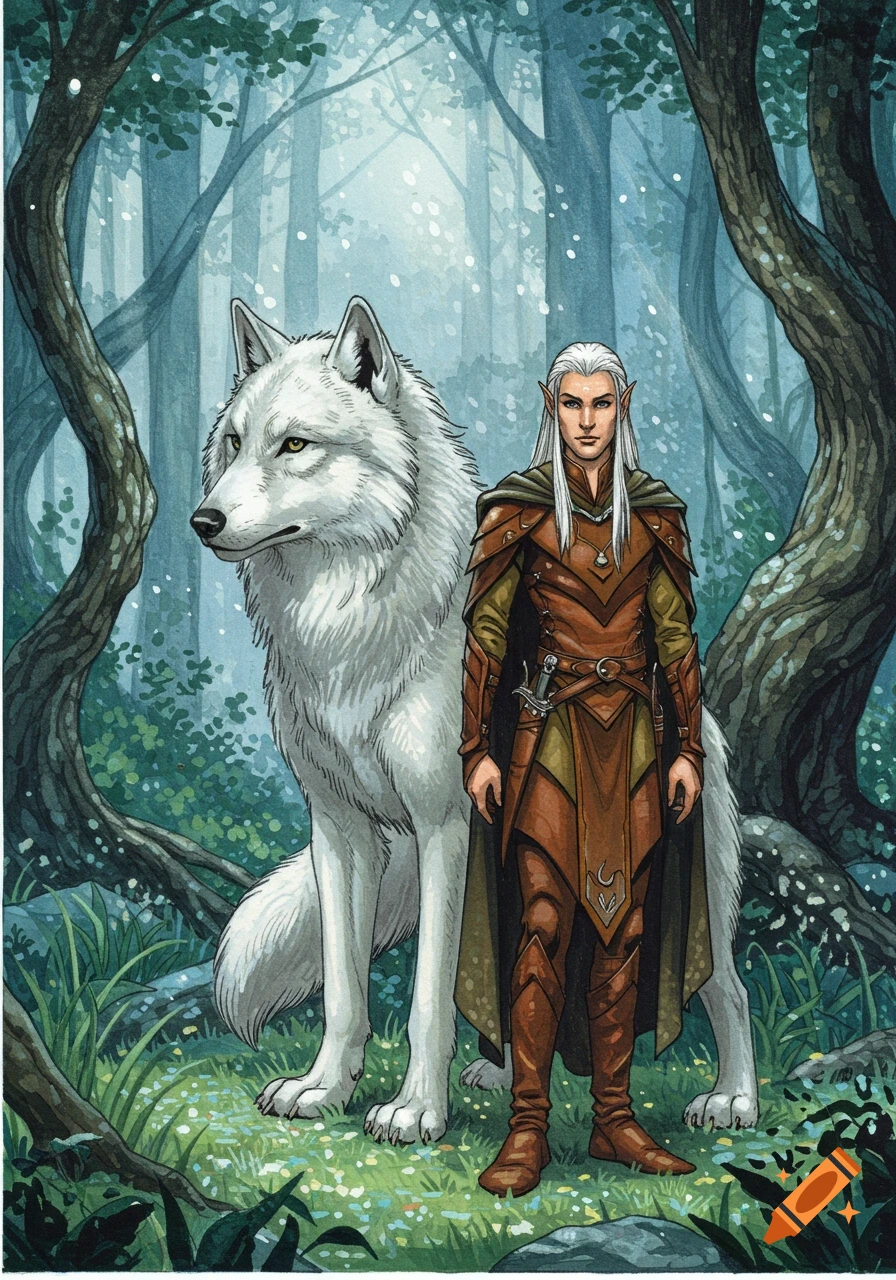 A white wolf and an elf with long white hair in brown and green armor stand in a magical forest.