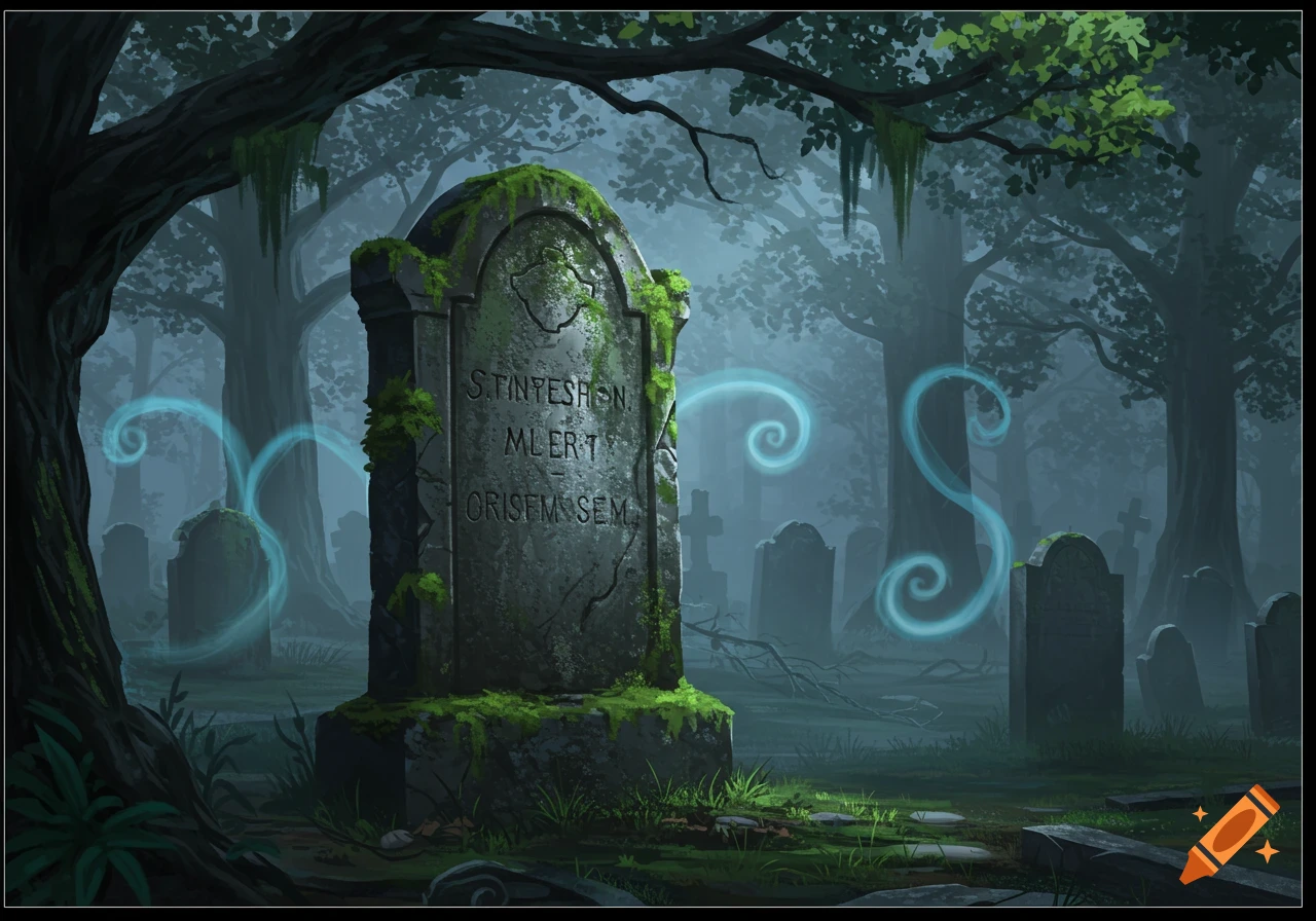 A moss-covered gravestone stands prominently in a misty, dark forest cemetery with glowing blue magical wisps floating around.