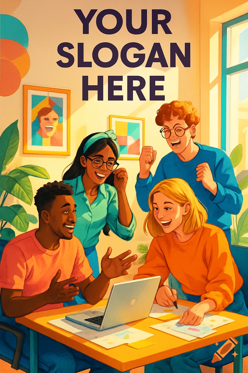 Four diverse young adults smiling and collaborating around a laptop in a vibrant, sunny office, with 'YOUR SLOGAN HERE' text above them.