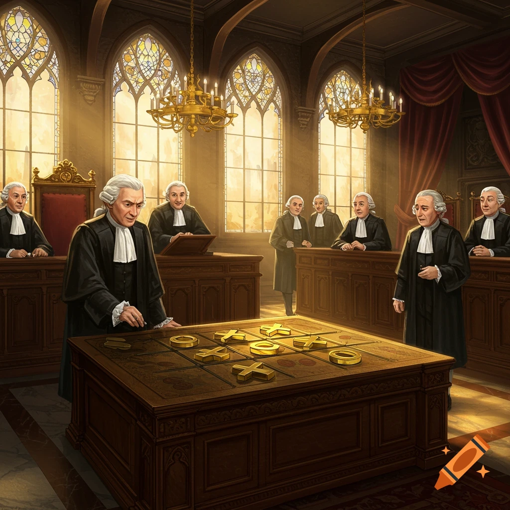 Judges in a grand courtroom with stained-glass windows play tic-tac-toe on a large wooden table.
