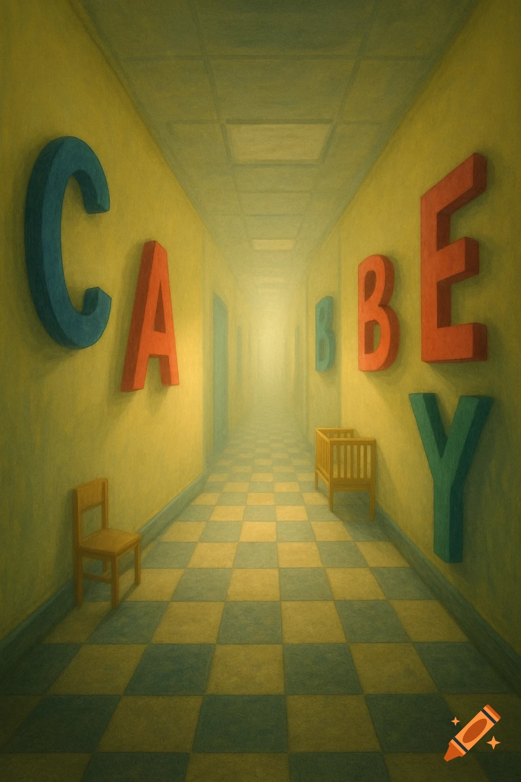 A long, dimly lit, yellow hallway with a checkerboard floor, leading to a bright light. Large colorful letters, a small chair, and a crib line the walls, creating a liminal atmosphere.