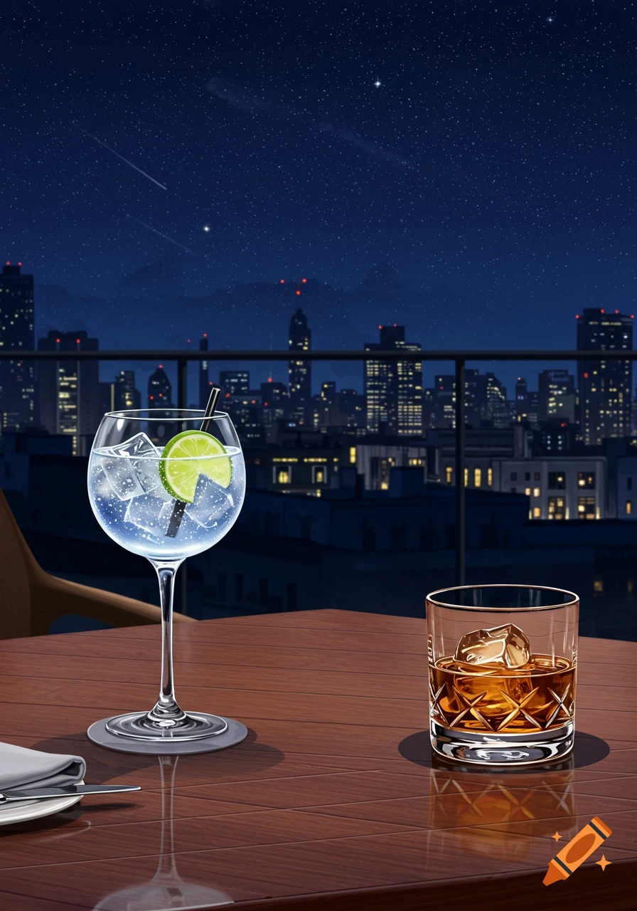 A stylized illustration of a gin and tonic and a whiskey on a table, with a city skyline under a starry night sky.