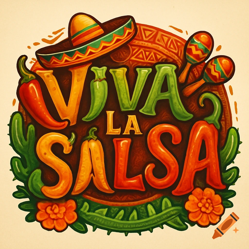 A vibrant logo for Viva La Salsa with a sombrero, maracas, chili peppers, and cacti.