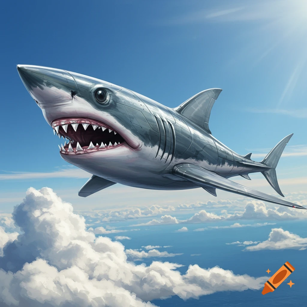 A majestic shark-shaped plane with sharp teeth flying high above white clouds in a bright blue sky.
