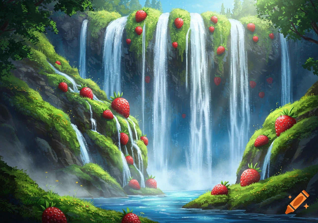 A vibrant fantasy landscape features a majestic waterfall flowing down mossy, green cliffs dotted with giant red strawberries into a clear blue river below.
