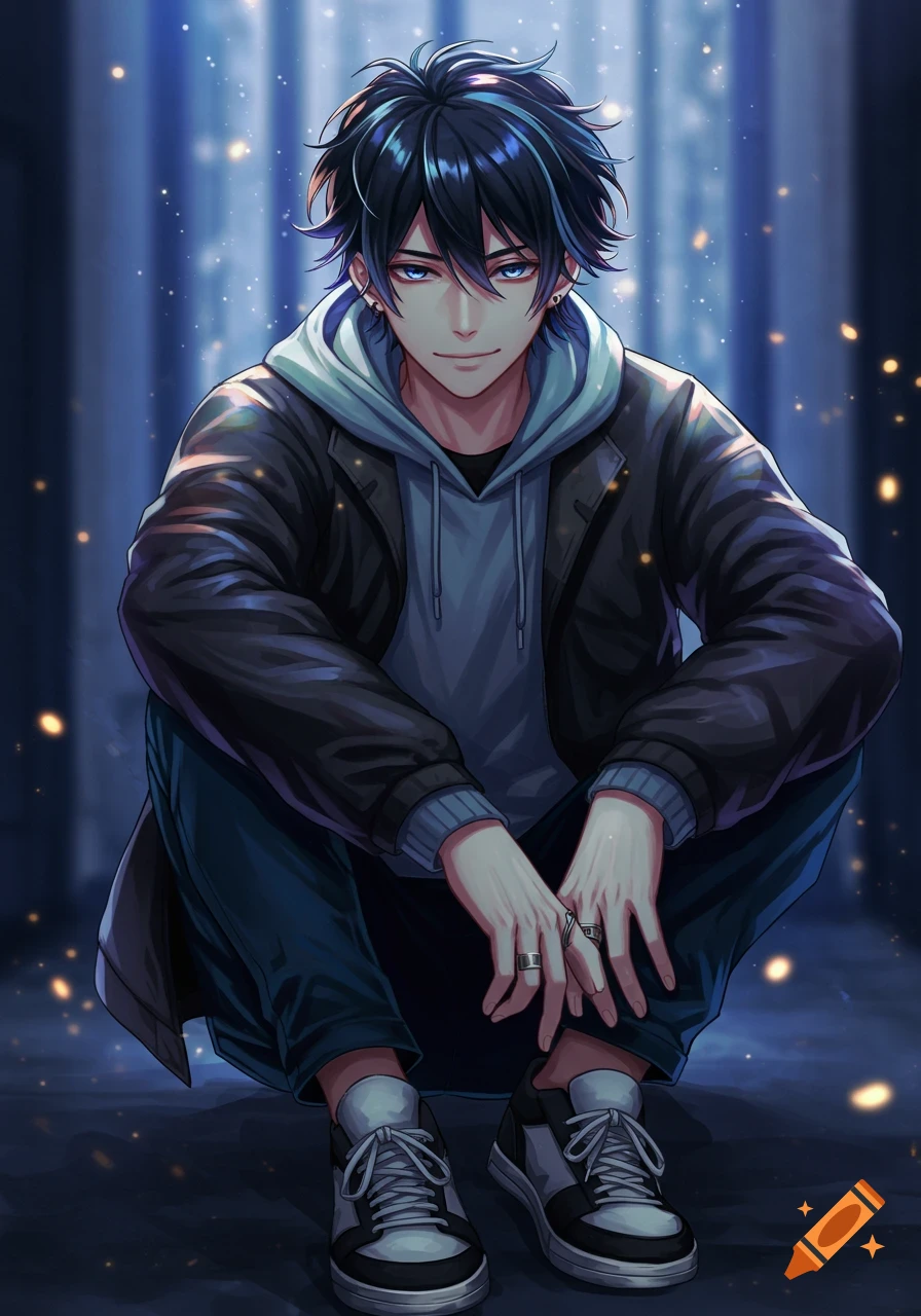 Anime-style young man with dark hair and blue eyes, crouching in a black jacket and blue hoodie, against a dark, sparkling background.