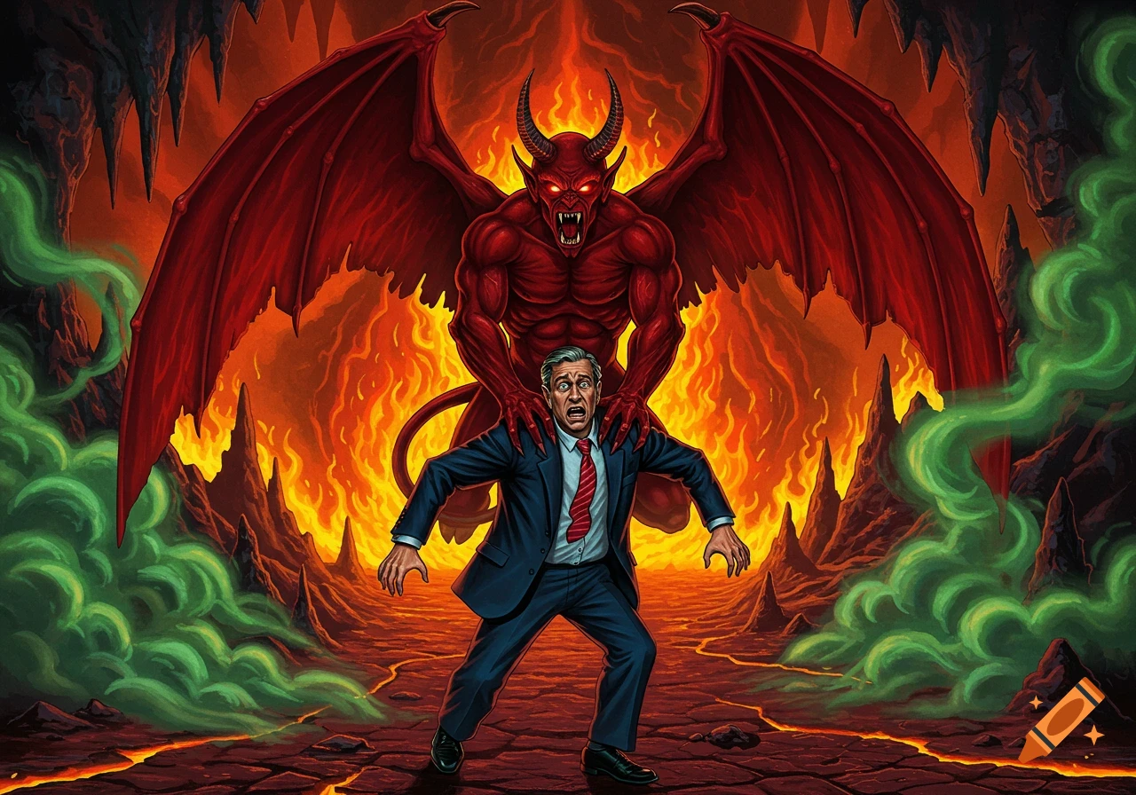 A terrified politician in a suit is dragged by a red, winged Satan into a fiery hell filled with green mist, in an 80s horror art style.
