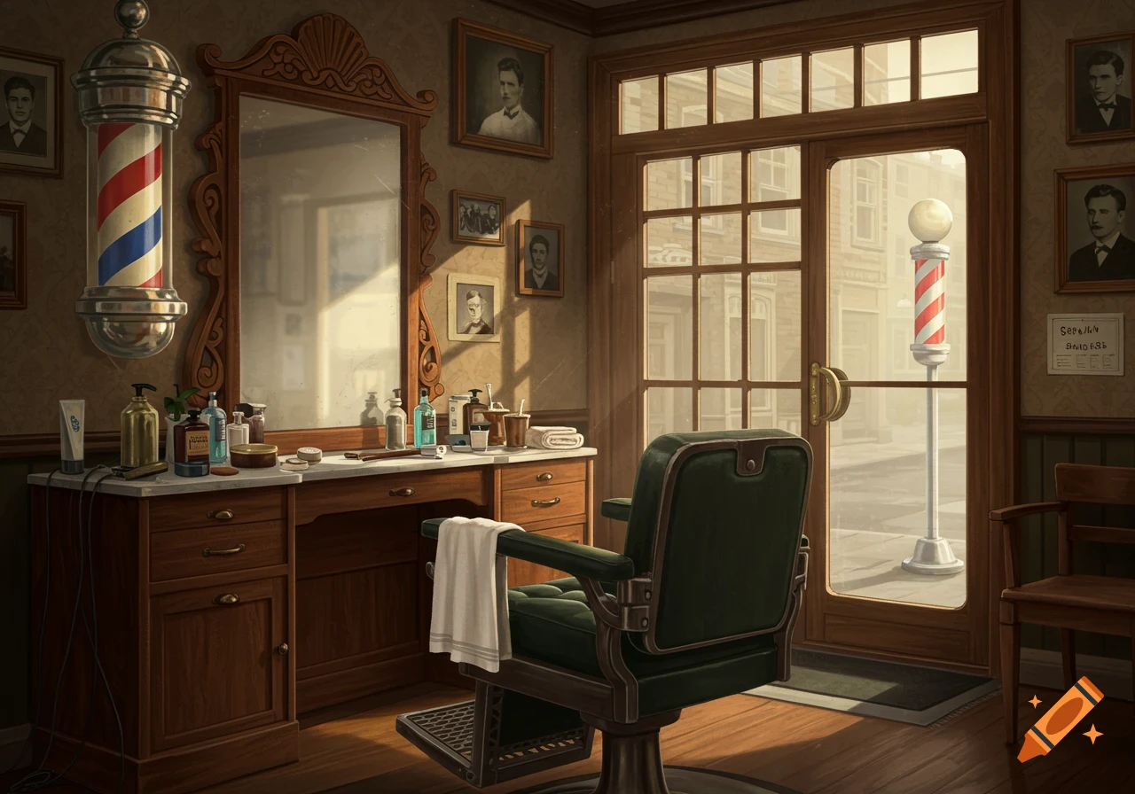 A vintage barbershop interior with a barber pole, mirror, dark green chair, and large window.