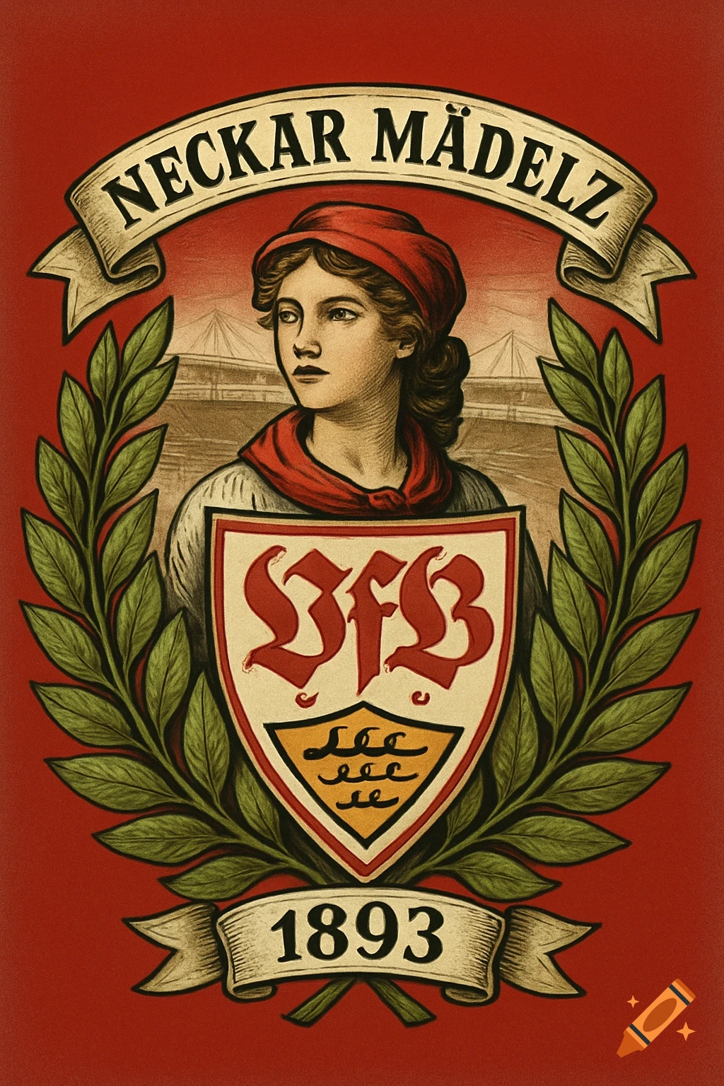Vintage illustration of a woman in a red headscarf, a VfB Stuttgart crest, and laurel wreath, with text 'NECKAR MÄDELZ 1893'.
