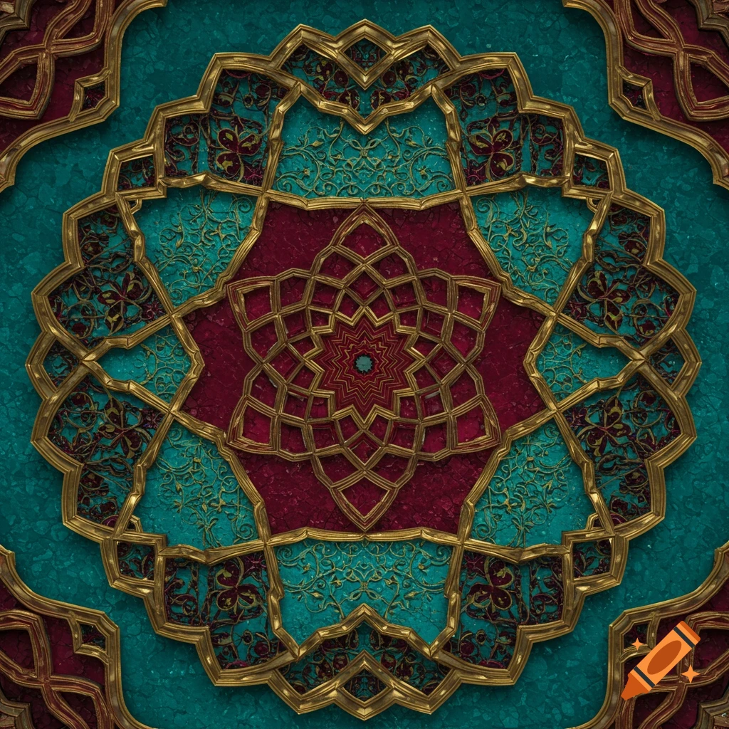 Intricate gold, red, and turquoise geometric pattern inspired by Islamic art.