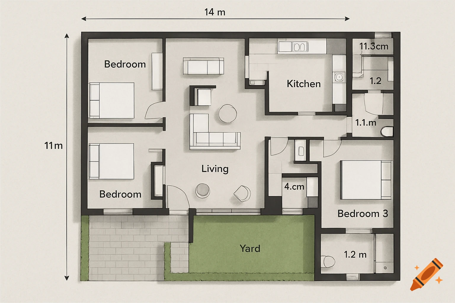 A detailed floor plan for a three-bedroom house, showing rooms like Kitchen, Living, and Yard, with overall dimensions 14m by 11m.