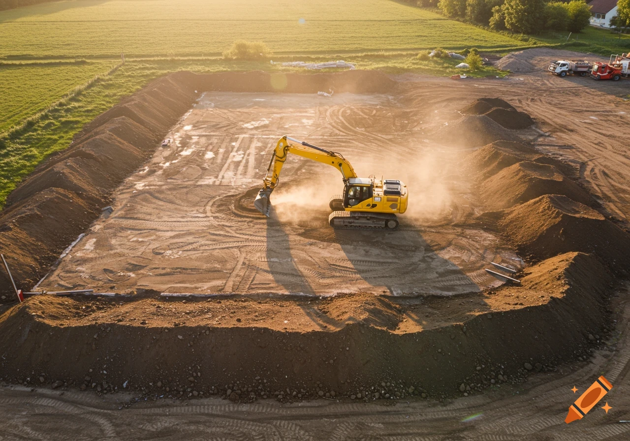 Aerial view of a yellow excavator digging dirt on a dusty construction site with fields and houses in the background at sunset.
