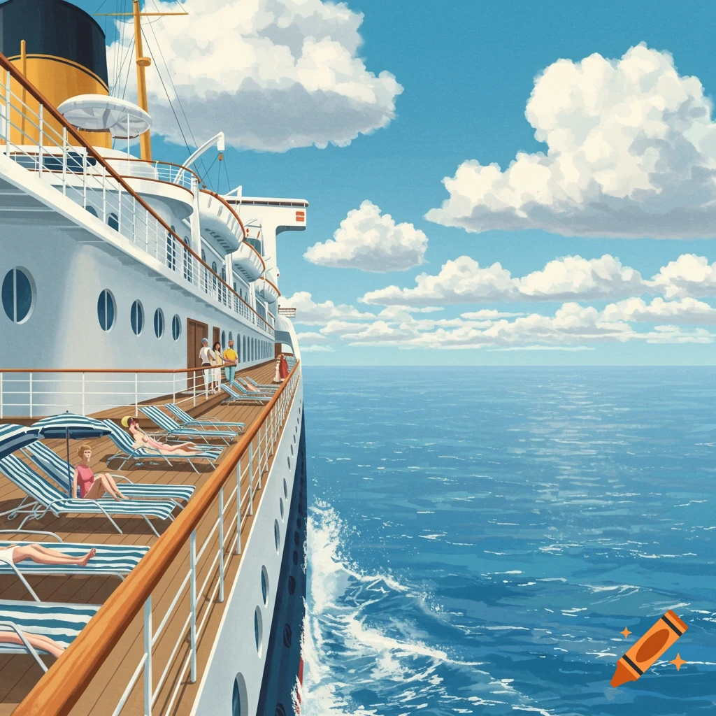 Illustrated retro view of a 1960s cruise ship sailing on the ocean, with passengers relaxing on deck chairs.