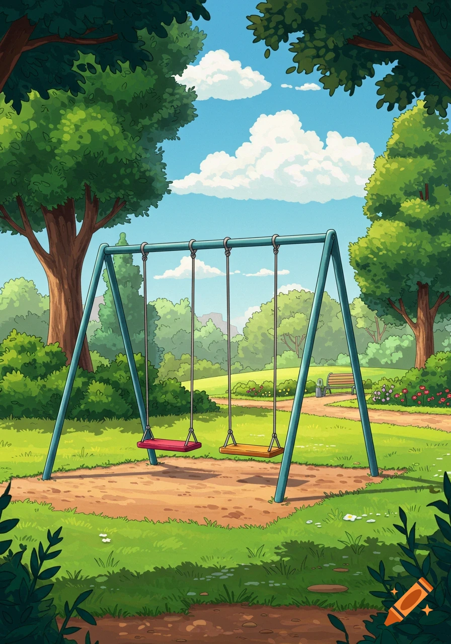 A vibrant cartoon park with two swings, green trees, grass, and a blue sky with white clouds.