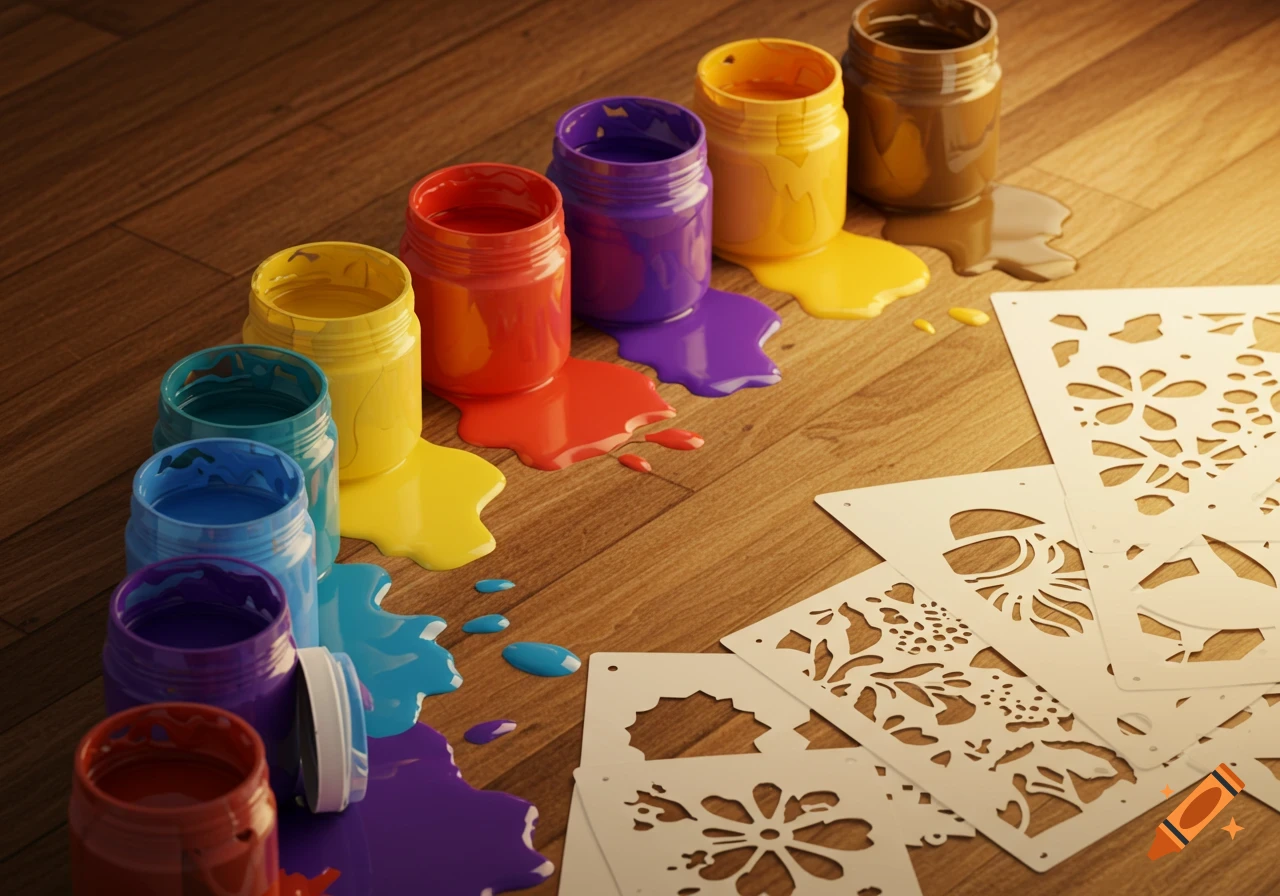 Colorful open paint pots spilling vibrant colors onto a wooden floor, with several decorative stencils scattered nearby.