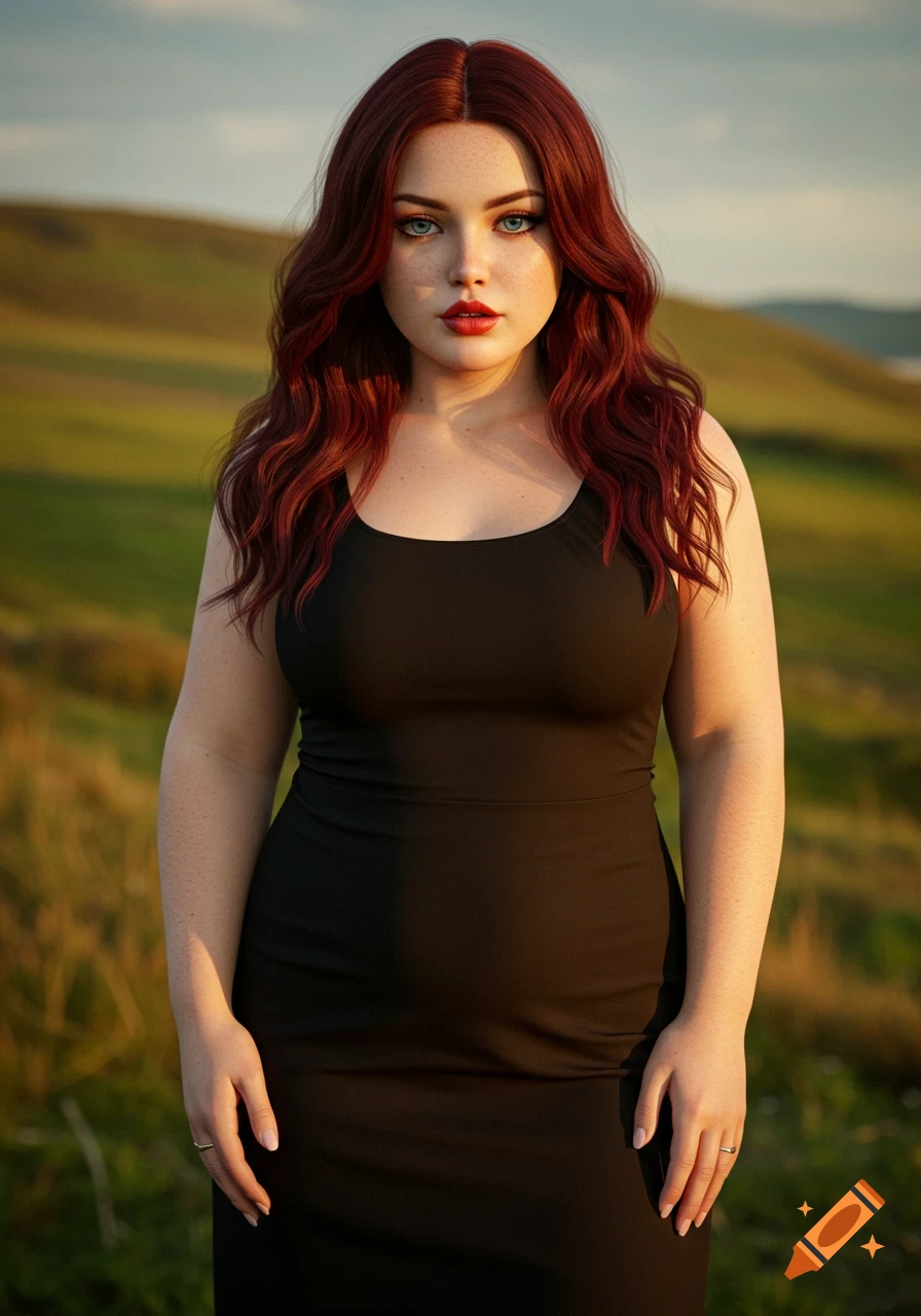 Photorealistic portrait of a woman with dark red hair and blue eyes in ...