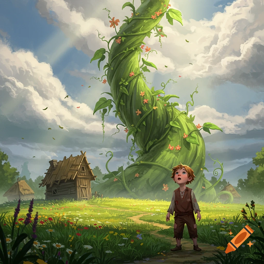 A small boy looks up in awe at a gigantic beanstalk towering over a tiny rustic house in a grassy field under a cloudy sky.