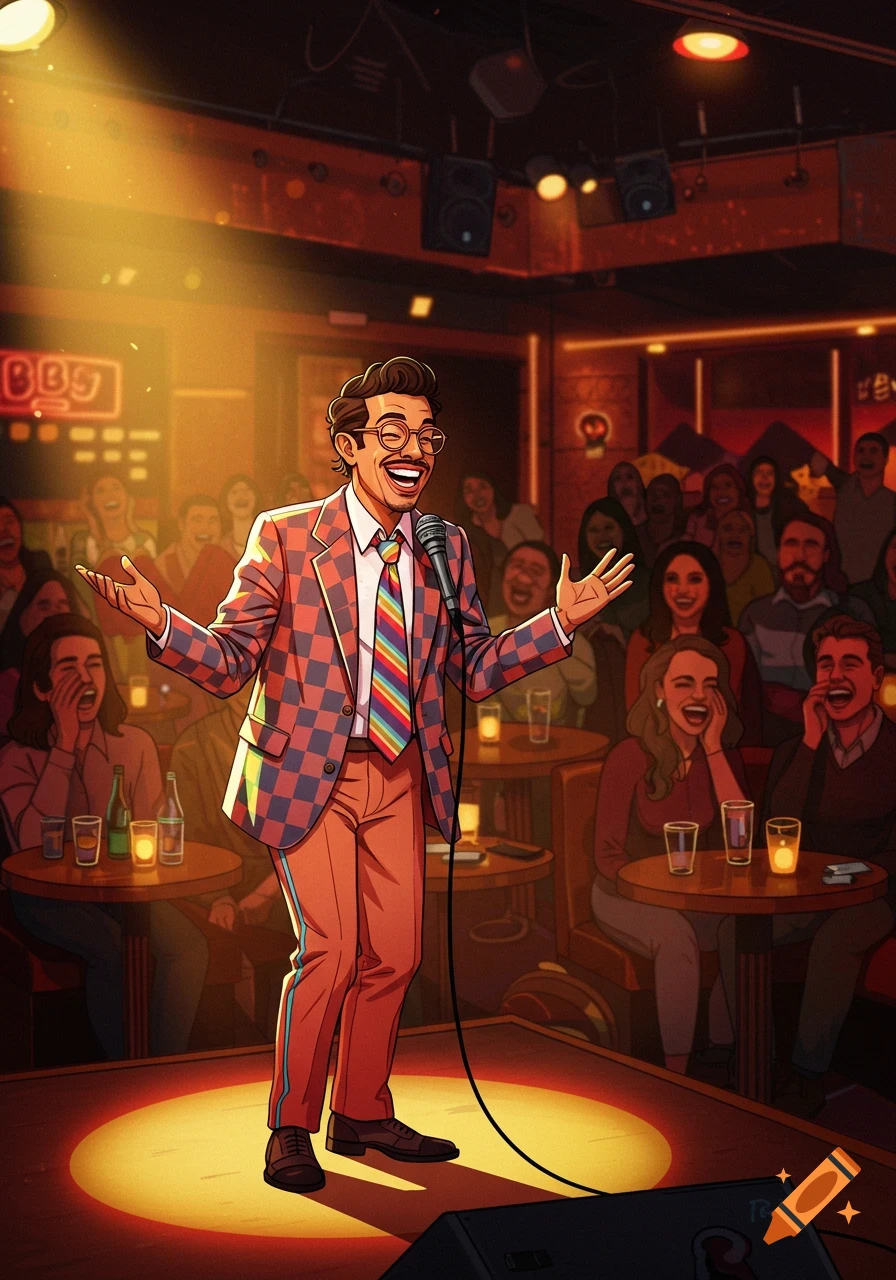 A smiling man in a checkered suit and rainbow tie performs stand-up comedy on stage under a spotlight in a club with a laughing audience.