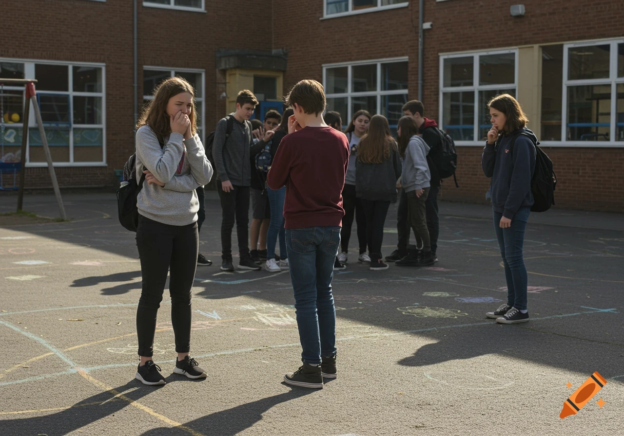 Photorealistic image of teenagers in a schoolyard, some looking distressed while others stand in groups, depicting social exclusion.