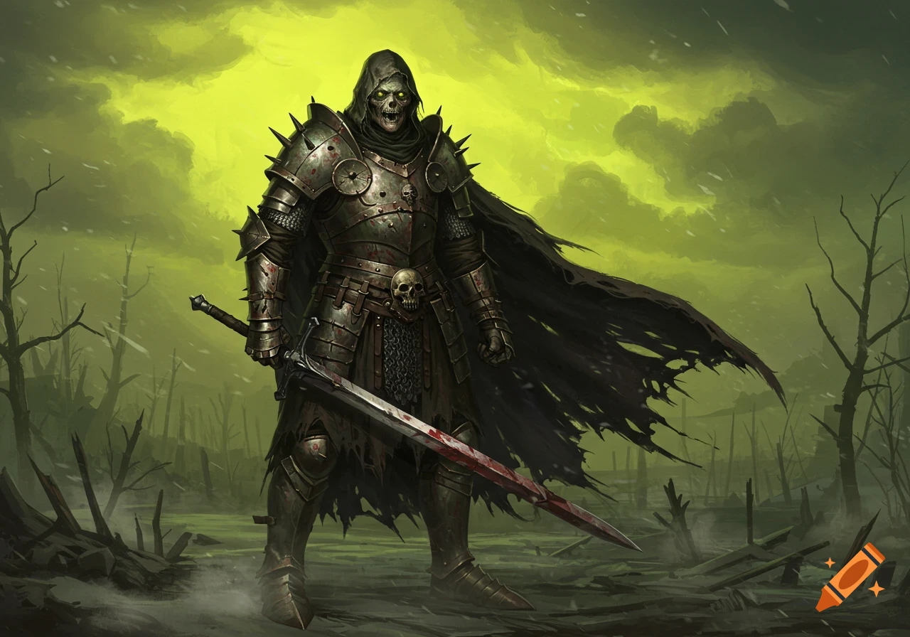 A skeletal knight in spiked armor holds a blood-stained sword in a desolate, swampy landscape under a sickly yellow-green sky, in a dark fantasy style.