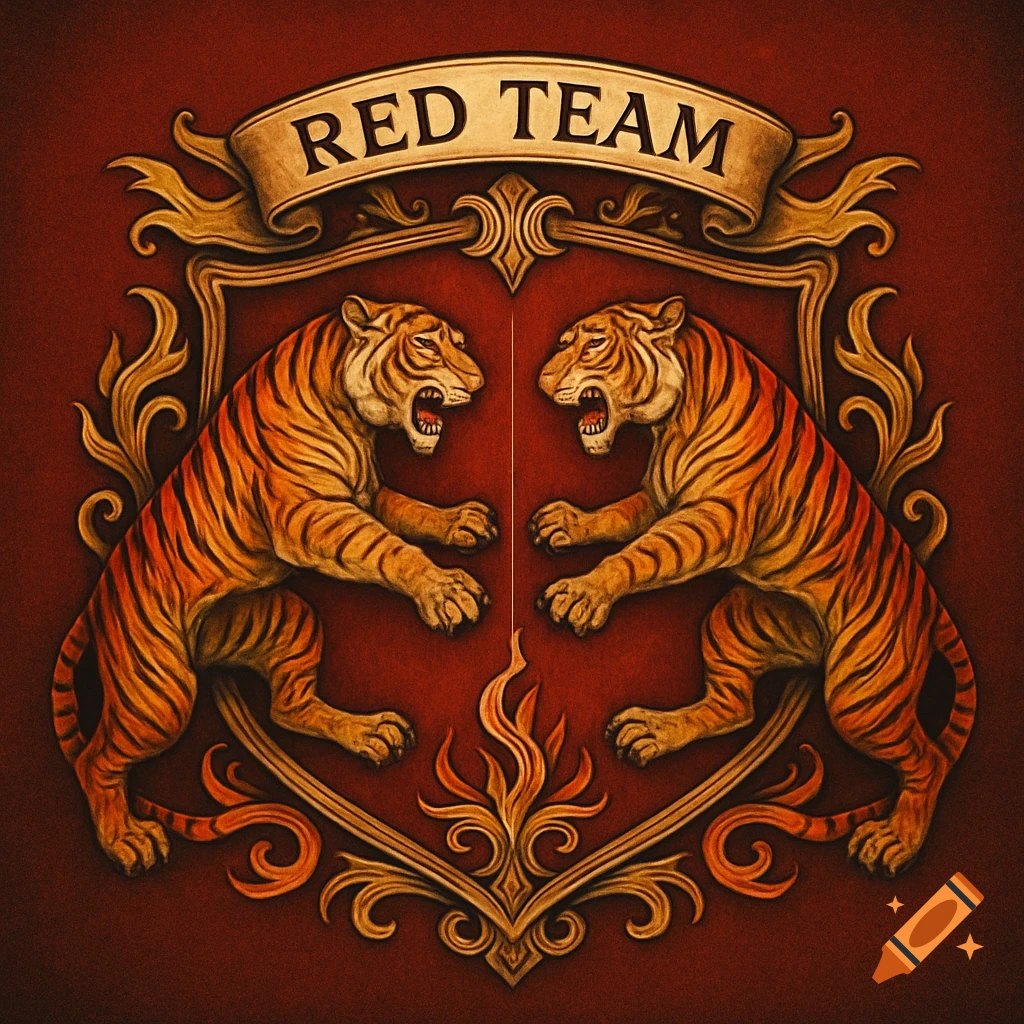 A stylized heraldic crest with two snarling orange tigers facing each other, on a red background, with a banner above reading 'RED TEAM'.