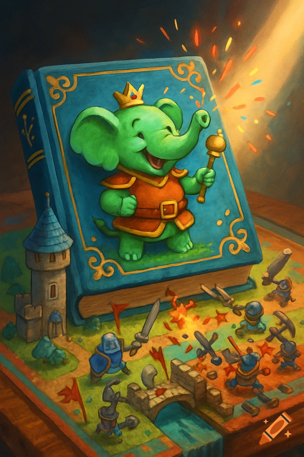 A jovial green cartoon elephant king stands on a magical blue book, holding a scepter, overseeing a miniature medieval battle scene with castles and tiny knights.
