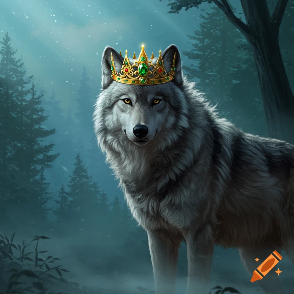 A majestic grey wolf wearing a golden king's crown adorned with red and green jewels, standing in a misty, dark forest.