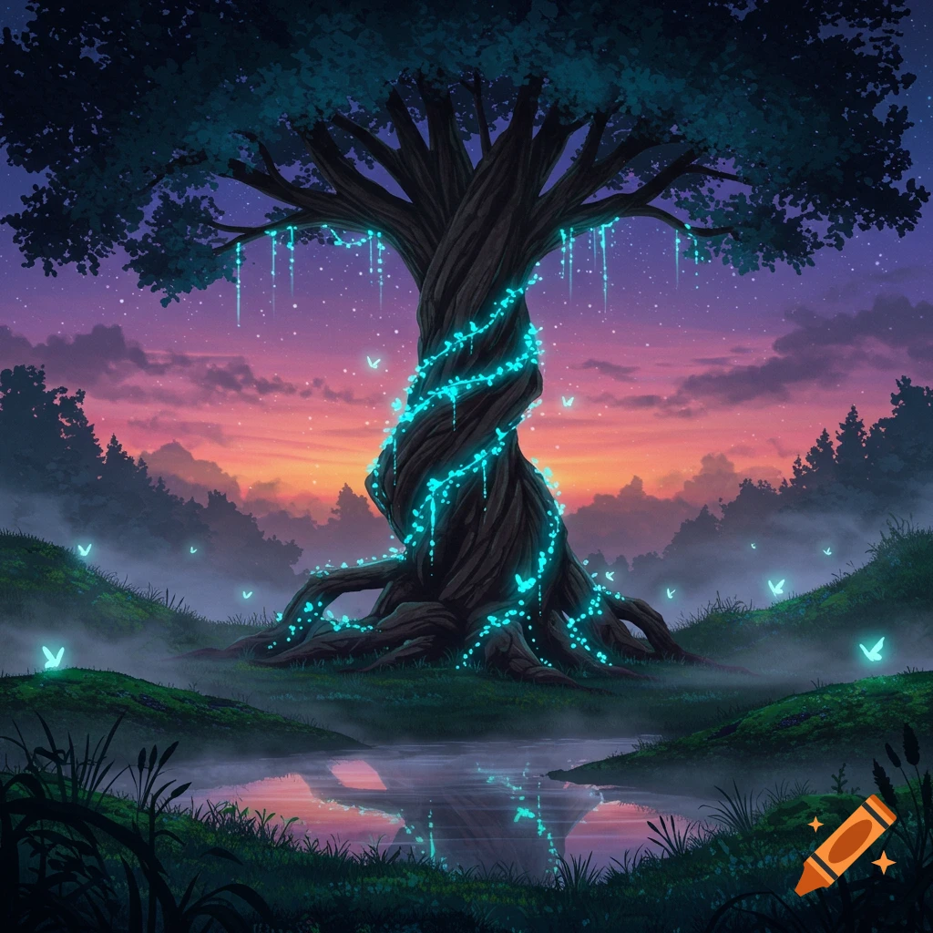 A large, ancient tree with glowing blue lights and fireflies at twilight, reflected in a still pond, with a vibrant sunset sky.