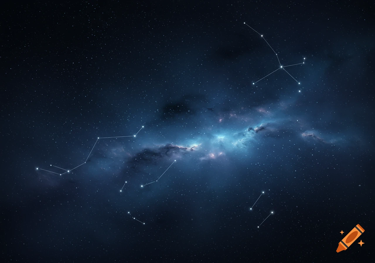 A dark blue starry night sky with a glowing blue and purple nebula and multiple white outlined constellations.