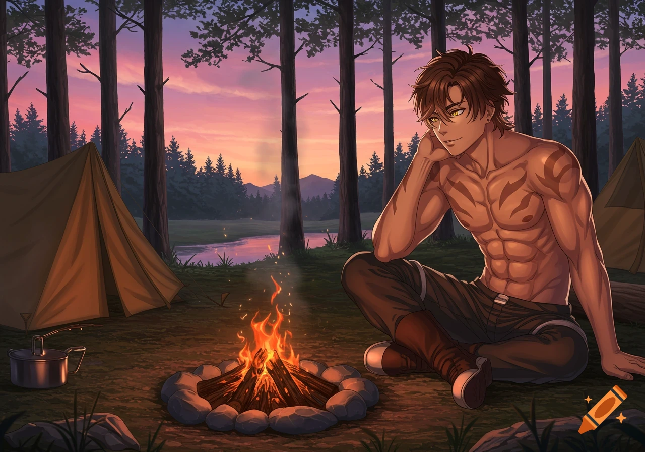 Athletic anime man with brown hair and yellow eyes, shirtless, sits by a campfire in a forest at sunset with tents.