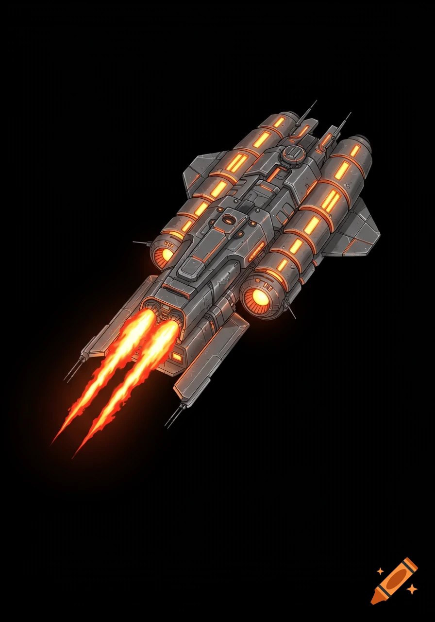 Orthographic game sprite of a gray spaceship with orange lights and red flames, viewed from the top.