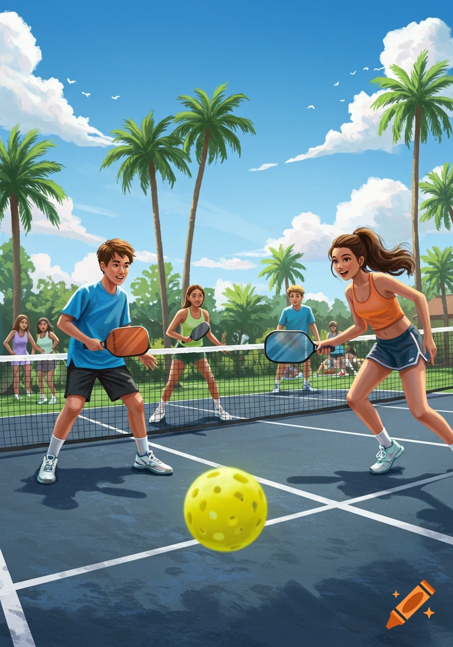 Four teenagers play pickleball on an outdoor court with palm trees under a blue sky, in an illustration style.