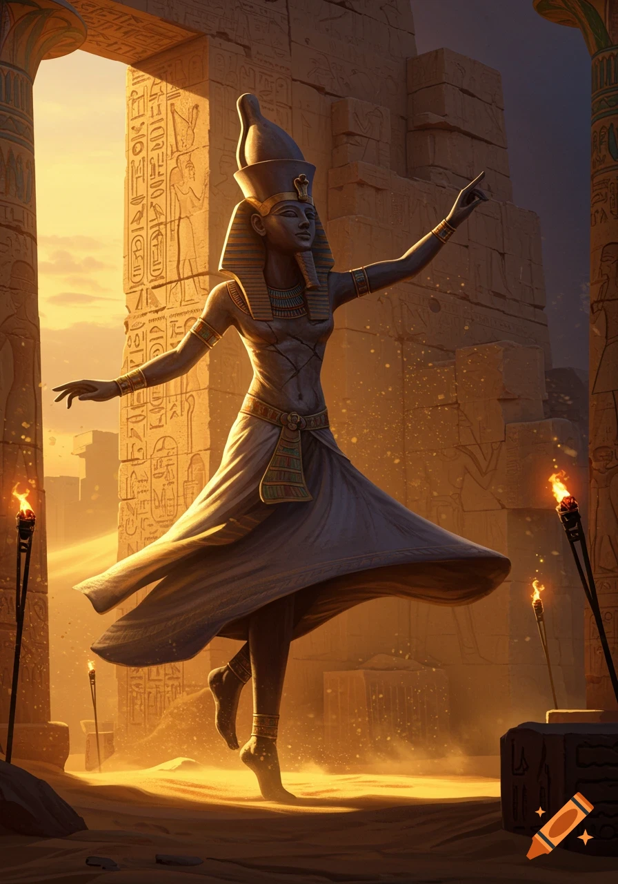 A majestic Egyptian statue with a pharaoh's crown dances among ancient ruins and lit torches at sunset, with golden light.