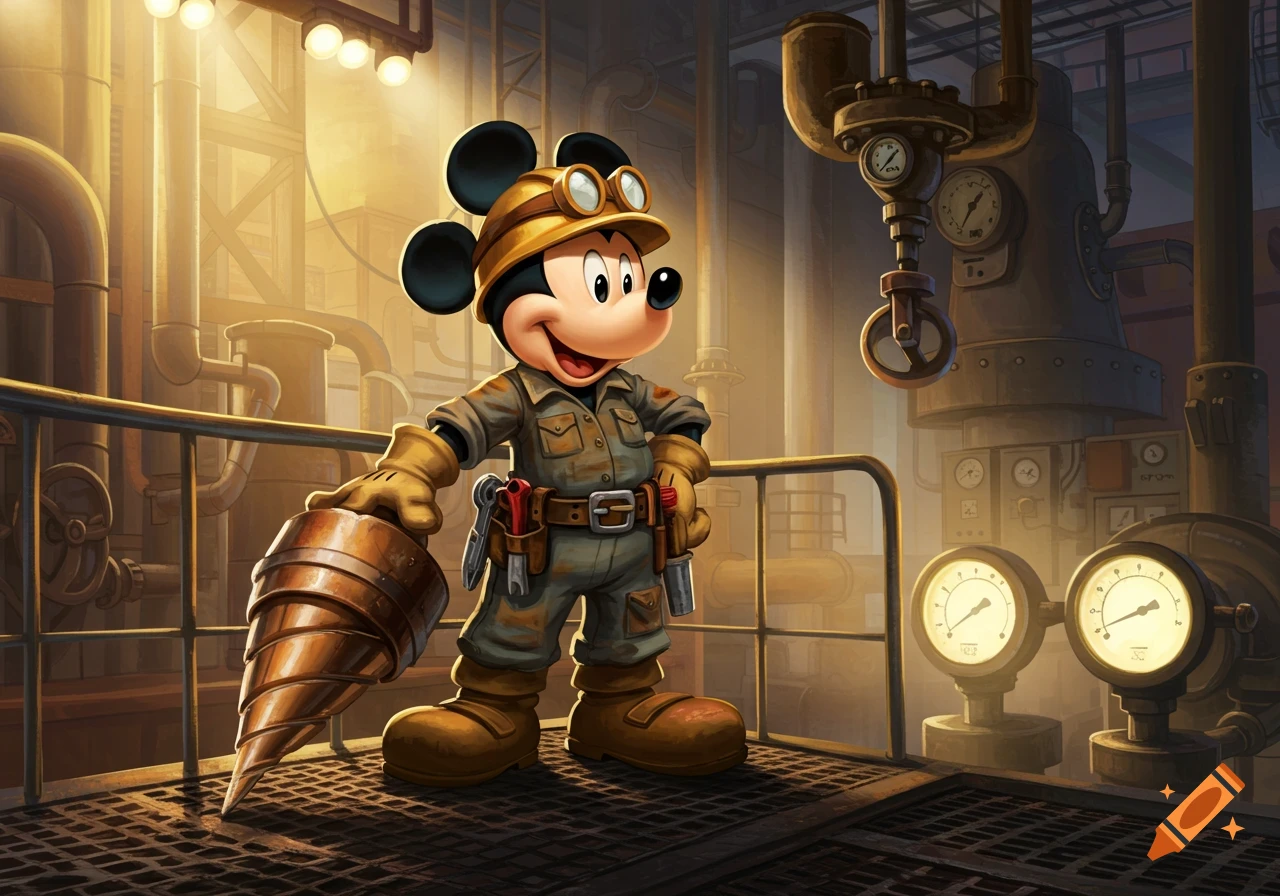 Mickey Mouse as a driller, wearing a hard hat and goggles, holding a large drill in an industrial setting, cartoon style.