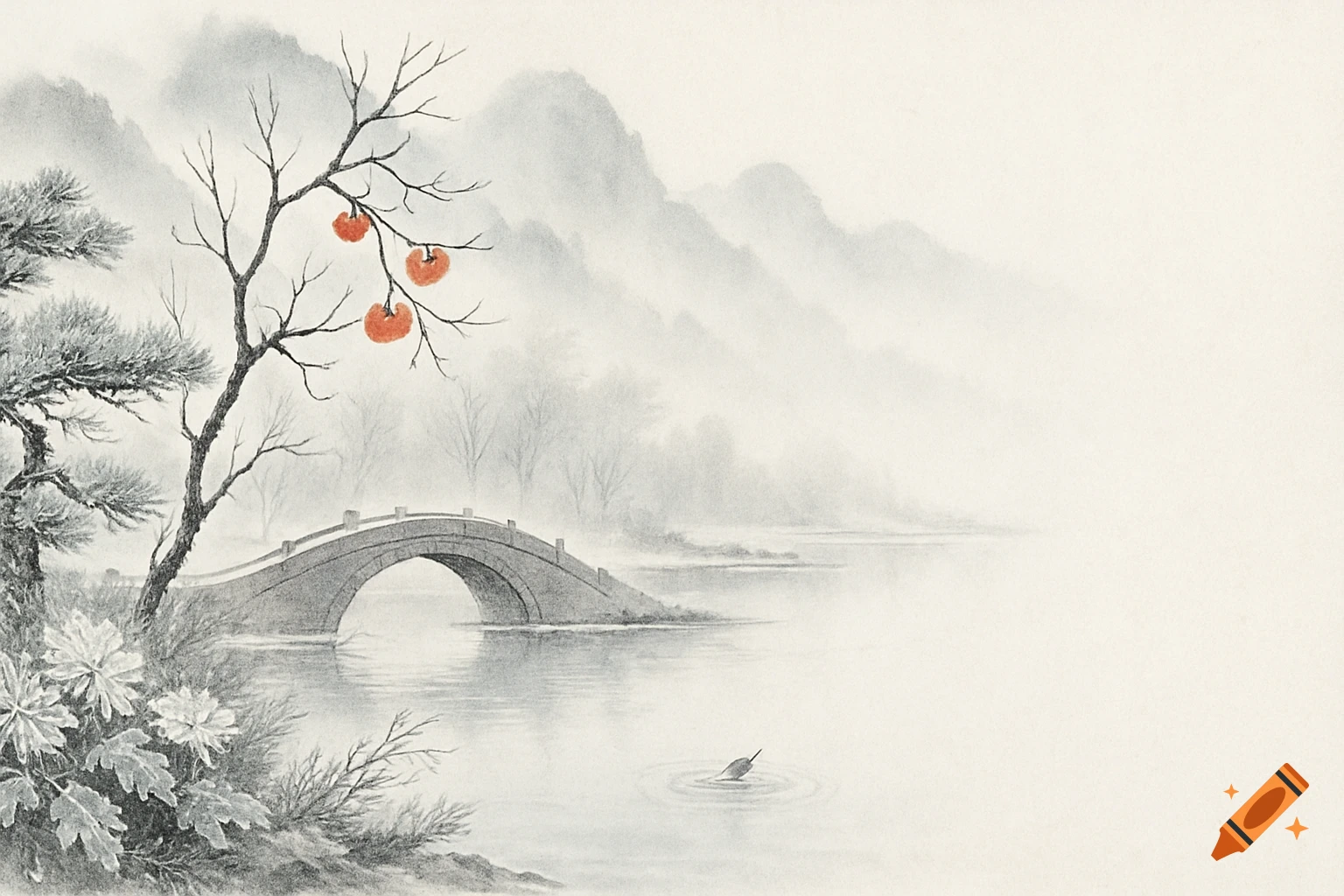 Chinese ink wash painting of a serene misty mountain landscape with a stone bridge over a lake, pine tree, and a bare branch with red persimmons.
