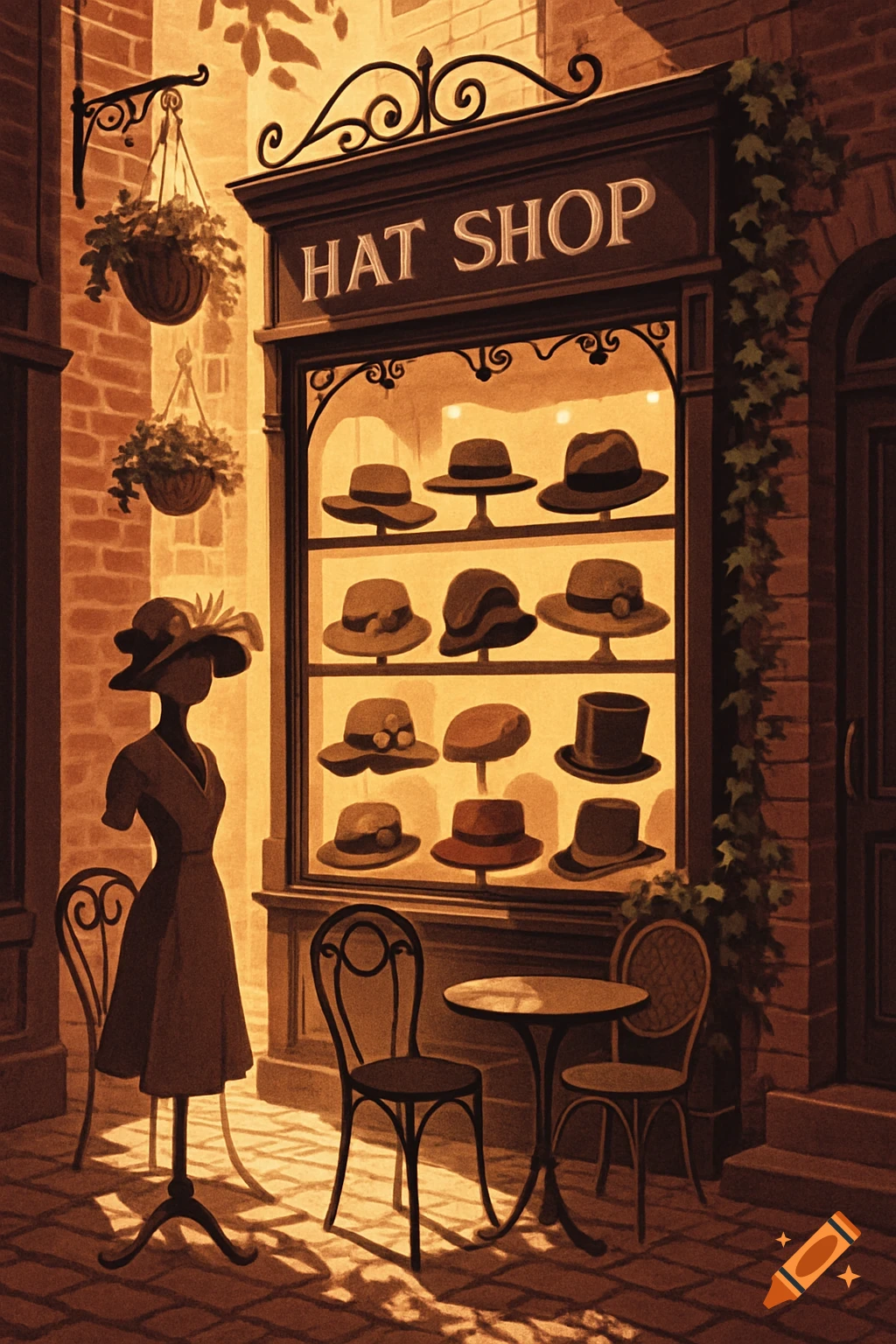 A warmly lit vintage hat shop storefront at dusk with a mannequin, a window display of hats, and outdoor cafe seating.