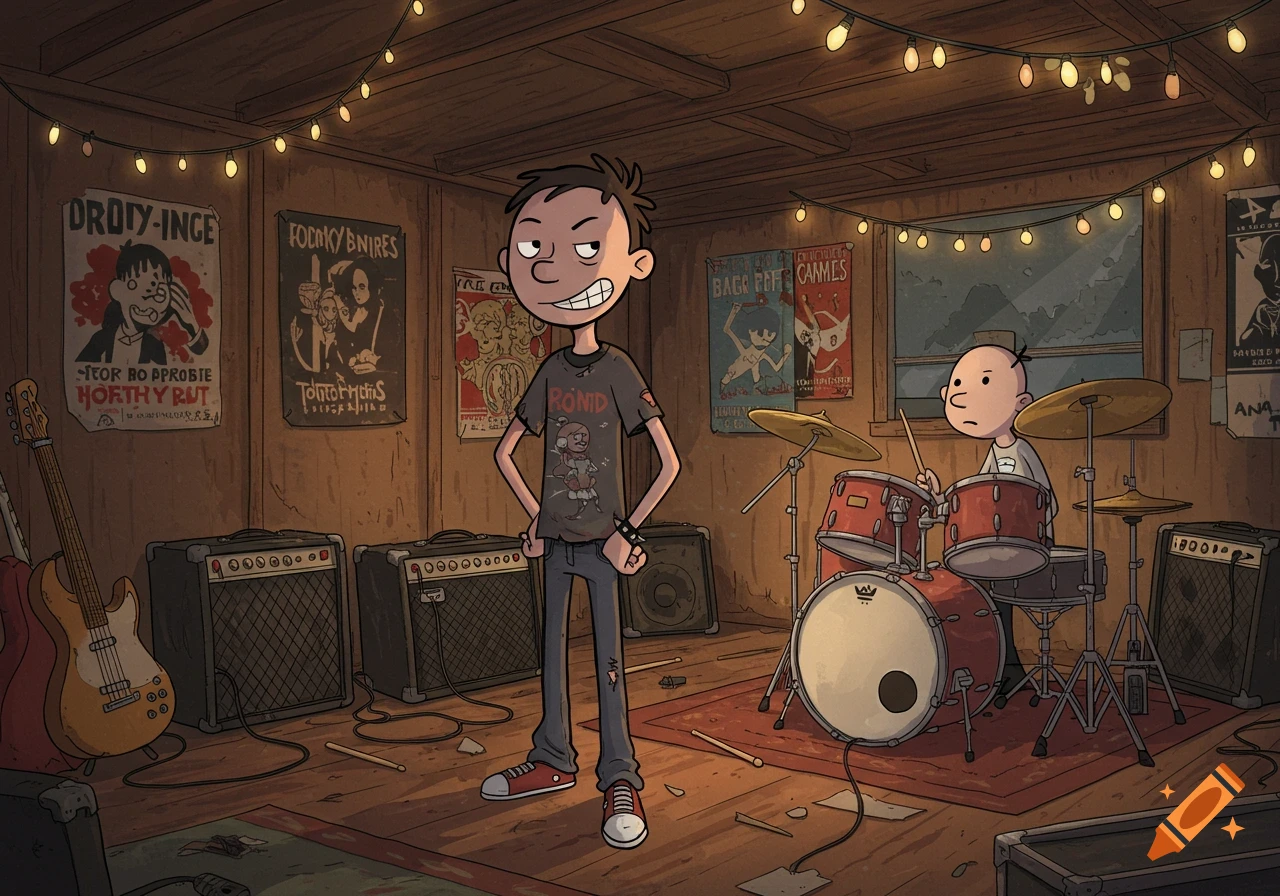 A cartoon illustration of a teenage boy with spiky hair and a smirk, standing with his hands on his hips in a messy garage band practice room. A smaller boy plays drums next to him. Guitars and amplifiers line the wooden walls, adorned with string lights and various band posters with unreadable text.